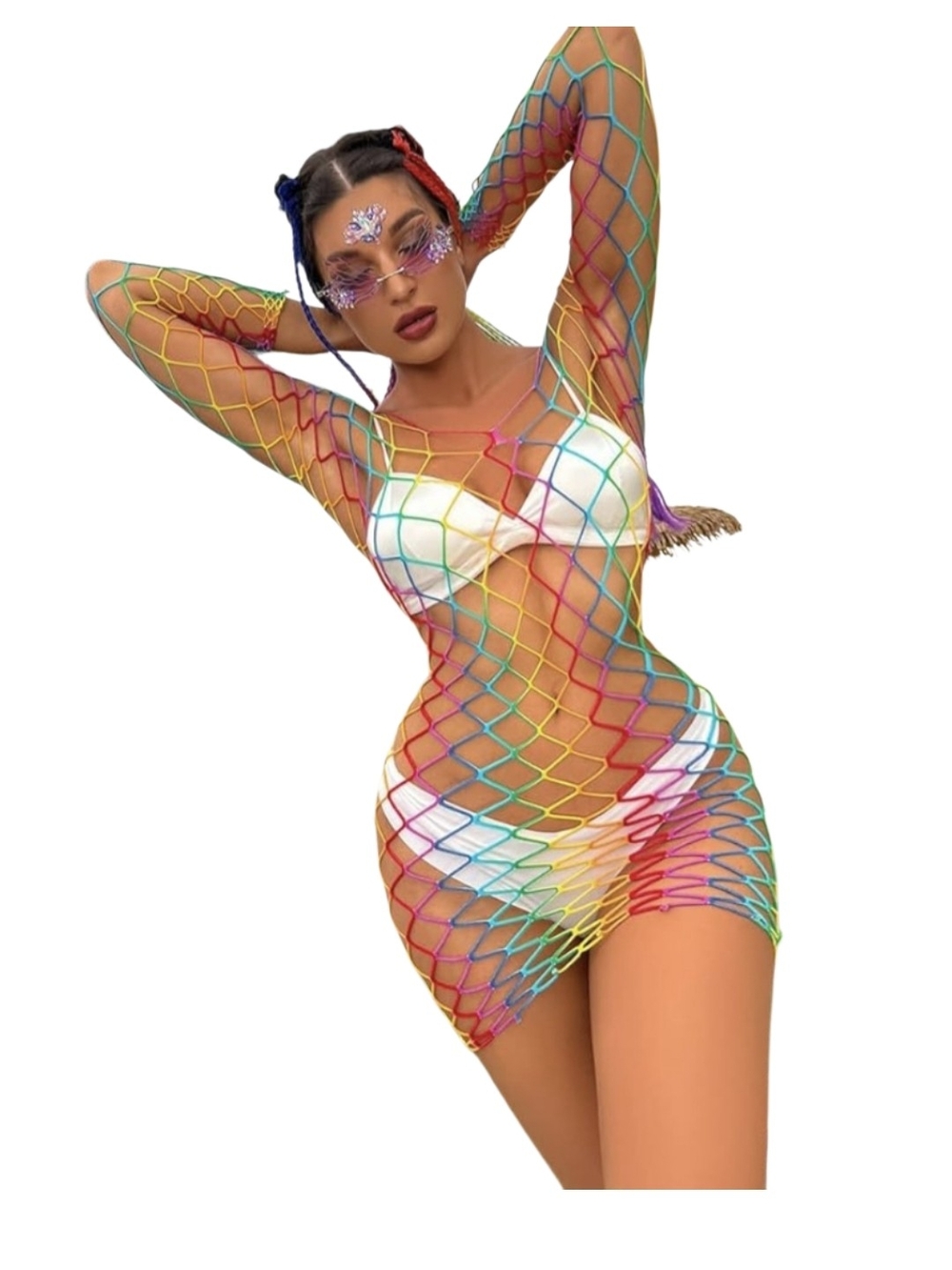 Rainbow Fishnet Crochet Cover Up Dress Festival Beach Mesh Wear One Size Sexy
